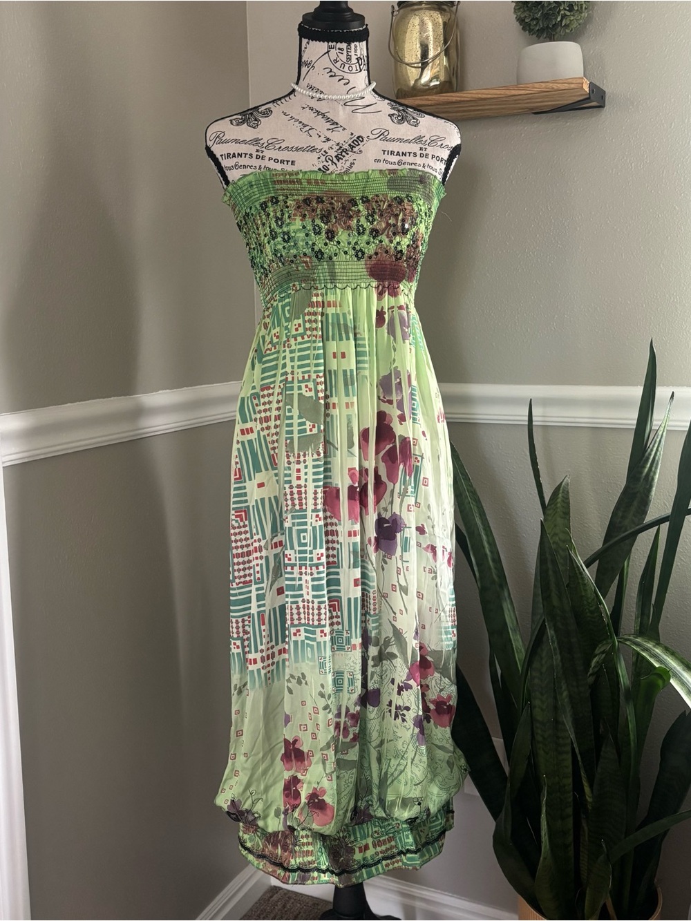 Lapis Vintage Y2K Strapless Boho Floral Maxi Dress 💚🍉